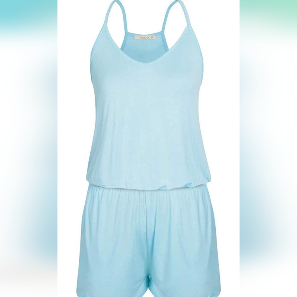 Womens Loose V Neck Spaghetti Strap Short Jumpsuit Romper - Picture 7 of 8